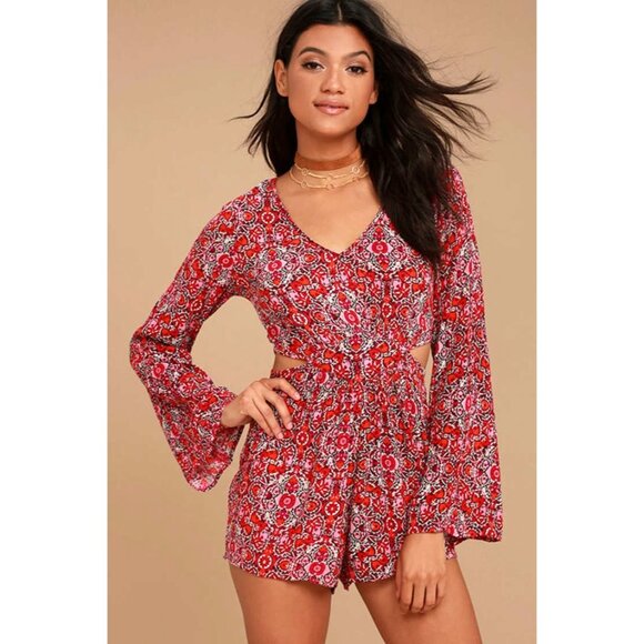 NWT Billabong Pink/Red Long Sleeve Floral Print Romper Sz Large V-Neck Cut Outs - Picture 13 of 13